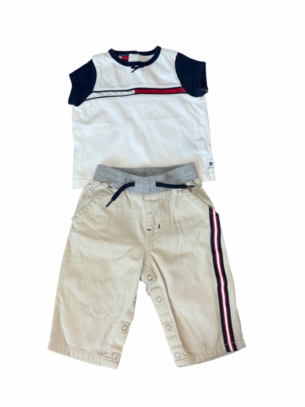 Vintage 90s Tommy Hilfiger Baby Girls Short Sleeve Tee Khaki Pant Set 3-6m Prep